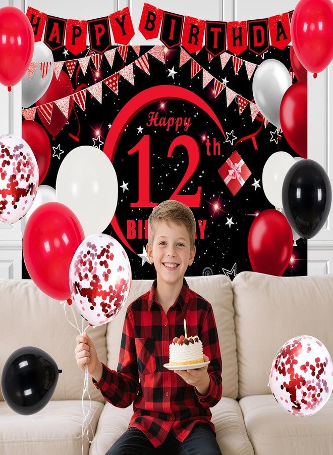 Coosilion 12th Birthday Decorations for Girls Boys Red Black, 12 Year Old Boy Girl Birthday Decorations with Happy Birthday Banner Backdrop 12 Balloon Number Honeycomb Centerpieces Tablecloth Party Supplies - Image 3